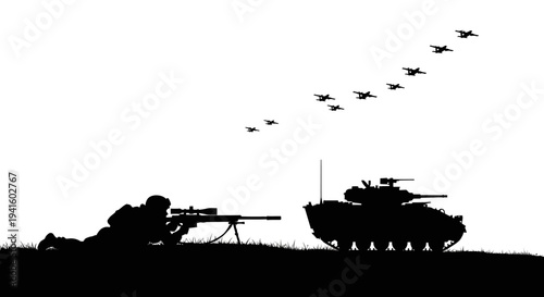 Silhouette of Sniper, Tank, and Fighter Jets in Formation