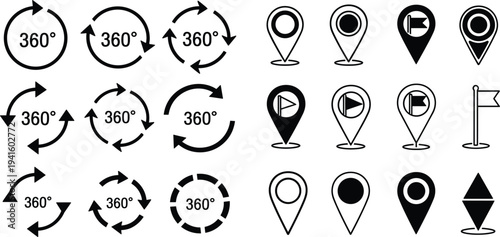  Degree Rotation Arrow and Map Location Pin Icon Set Featuring Navigation Markers and Circular ar Direction Symbols for UI Design