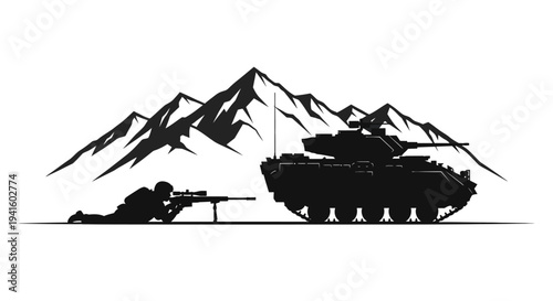 Silhouette of Sniper and Tank in Mountains - Military Combat Scene