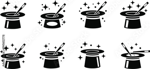 Magic Hat and Wand Icon Set with Sparkles for Magician Illusion Show, Fantasy Magic Symbols, Entertainment Performance and Trick Decoration Design