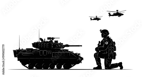 Silhouette of soldier and military vehicles on white background