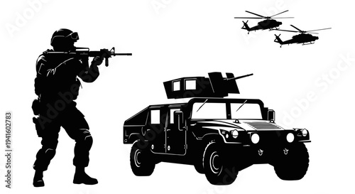 Silhouette of Soldier Aiming Rifle Beside Military Vehicle and Helicopters