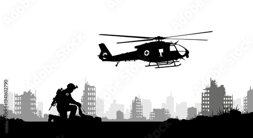 Silhouette of Soldier and Medical Helicopter in Ruined Cityscape