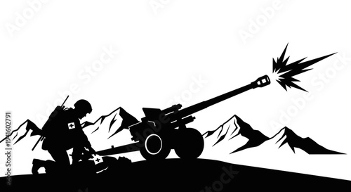 Silhouette of Soldier Firing Artillery Cannon in Mountains