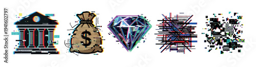 Set of financial and abstract icons with a modern digital glitch art effect showing a bank, money bag, diamond, and geometric shapes with distorted pixels and chromatic aberration