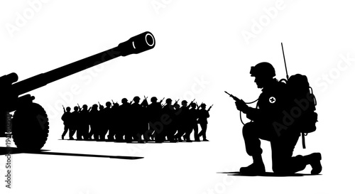 Silhouette of Soldiers and Artillery Gun in Combat Formation, Military Concept