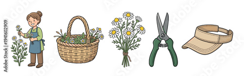 Gardening illustration set with a woman picking daisies, a wicker basket, a bouquet, pruning shears, and a sun visor in a cute hand-drawn style