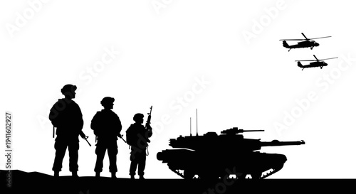 Silhouette of soldiers and tank with helicopters flying in the sky