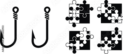 Fishing Hook and Puzzle Piece Icon Set Featuring Angling Hooks and Interlocking Jigsaw Symbols for Fishing, Problem Solving, and Connection Concepts