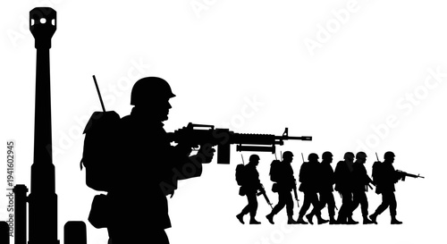 Silhouette of Soldiers Marching with Military Weaponry and Artillery