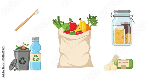 Eco-friendly lifestyle and sustainable product icons