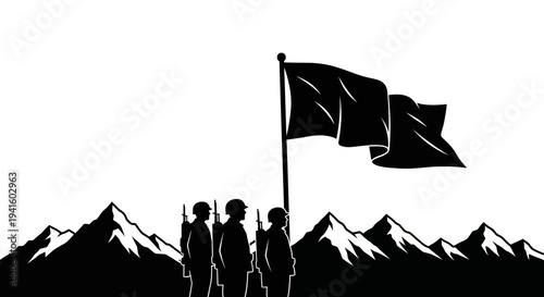 Silhouette of soldiers saluting a waving flag against a mountain backdrop