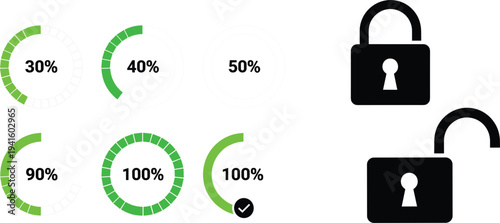 Progress Circle Indicator and Padlock Icon Set Featuring Loading Percentages and Security Lock Symbols for UI, Technology, and App Design