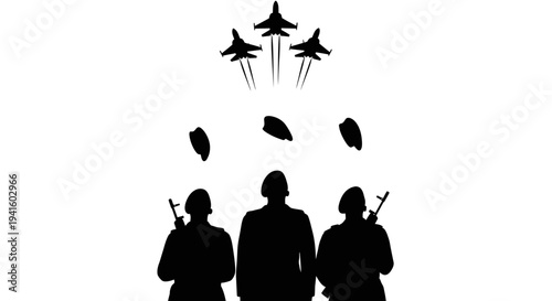 Silhouette of soldiers saluting as fighter jets fly overhead