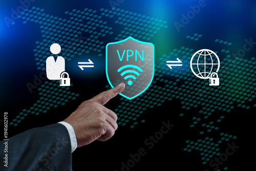 Businessman connecting VPN application technologist. VPN Virtual private network concept. Encrypted connection for anonymous internet user. private network cyber security concept.