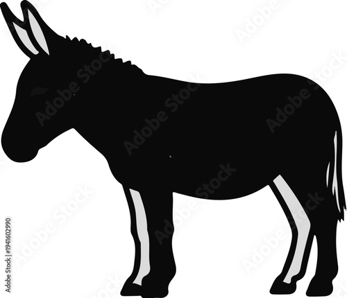 A simple, flat, black and white drawing of a donkey standing sideways