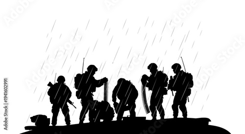 Silhouette Soldiers in Rain, Machine Gun Crew, Combat Ready