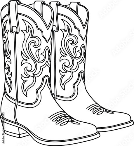 Pair of cowboy boots illustration with decorative stitching, pointed toe, angled heel and pull straps for Western fashion and cultural