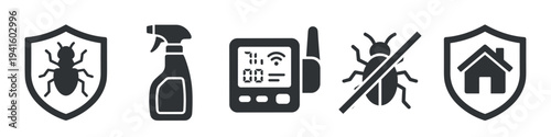 Black glyph icon set for pest control services, illustrating home protection from insects with a shield, spray bottle, electronic device, and extermination symbol