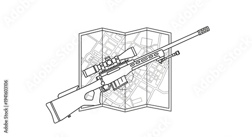 Sniper Rifle with Scope on Folded Map, Military Strategy and Target Acquisition Concept