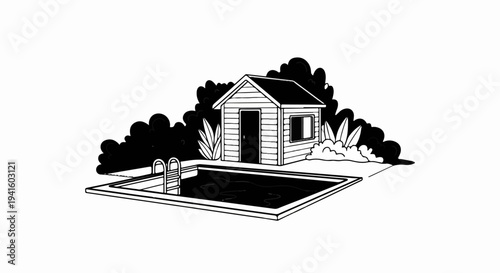 A simple, hand-drawn line art illustration of a backyard swimming pool and shed
