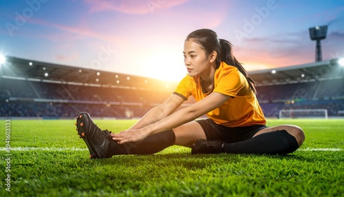 Athlete stretching legs on soccer field. Stadium, sunset backdrop