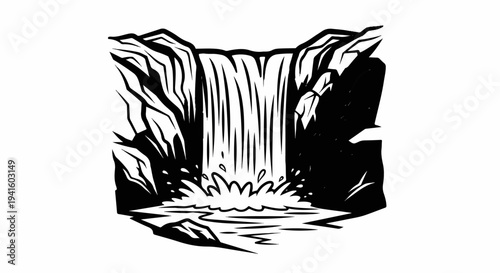 A dramatic black and white illustration of a powerful waterfall cascading down rocky cliffs into a pool
