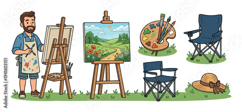 Collection of hand-drawn cartoon items for plein air painting, including a smiling male artist, easels, a finished landscape canvas, a palette, brushes, folding chairs, and a sun hat