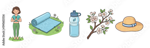 Charming set of hand-drawn illustrations featuring a woman in a yoga pose, an exercise mat, a water bottle, spring blossoms, and a sun hat for a healthy lifestyle concept