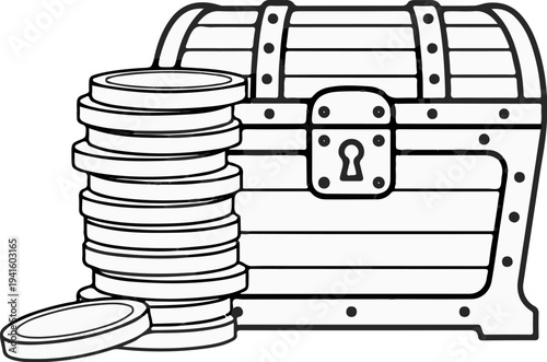 A drawing of a treasure chest overflowing with stacked coins
