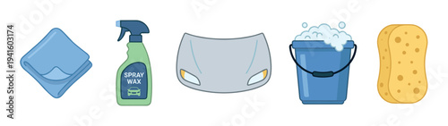 Five distinct cartoon car washing tools and supplies are presented, featuring a blue cloth, spray wax bottle, car hood, soapy bucket, and yellow sponge, in a clean illustration