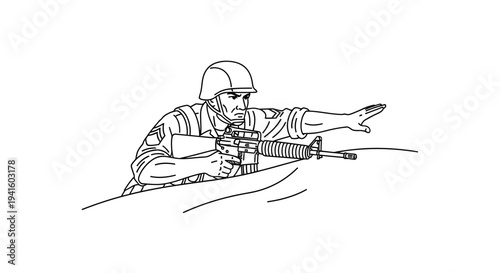 Soldier aiming rifle, tactical gesture, military action, combat readiness, defensive stance