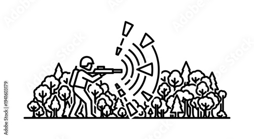 Soldier aiming rifle in forest with signal waves and broken shapes, concept of communication or warfare