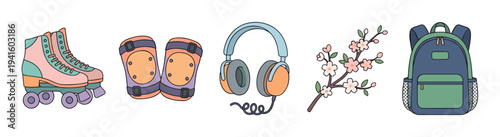 Collection of illustrated leisure items including roller skates, knee pads, headphones, a cherry blossom branch, and a backpack in a clean, flat cartoon style for youth concepts