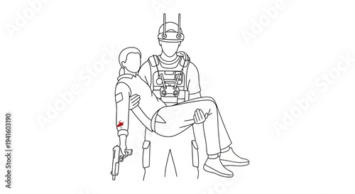 Soldier carrying injured woman, tactical rescue, medical assistance, combat zone