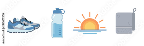 Set of four simple flat icons representing a healthy morning run routine with blue sneakers, a water bottle, a sunrise symbol, and a grey towel for exercise and fitness