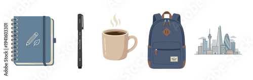 Collection of flat design vector illustrations showing a notebook, pen, coffee mug, backpack, and city skyline representing a modern urban student or creative professional lifestyle
