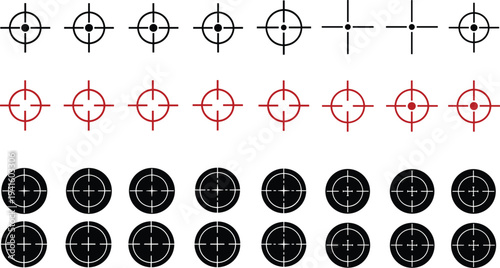 Crosshair Target Icon Set Featuring Aim Reticle and Scope Symbols for Shooting, Gaming, Navigation, and Precision Targeting Design