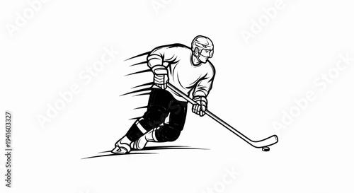 A dynamic black and white illustration of a hockey player in motion, puck in tow