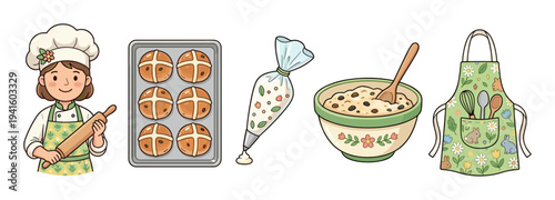 Charming cartoon illustration set for Easter baking featuring a cute female chef, hot cross buns on a tray, dough, a piping bag, and a spring-themed apron with bunnies