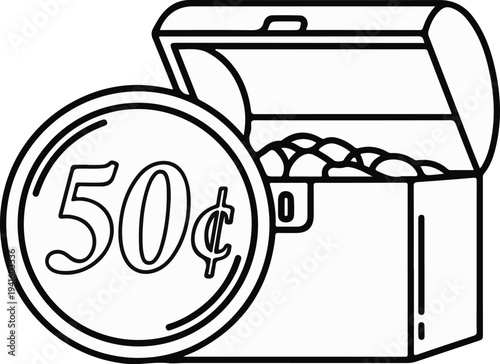 A fifty-cent coin in front of an open treasure chest brimming with coins
