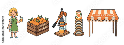 Charming hand-drawn illustration set featuring juice stand elements, including a friendly vendor, a crate of fresh oranges, a manual press, cups, and a striped awning