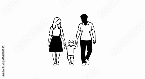 A simple illustration of a happy family walking together, holding hands