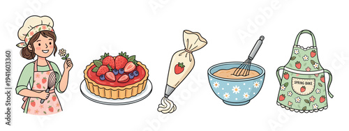 Set of cute baking illustrations featuring a female pastry chef, a fresh berry tart, a mixing bowl with batter, a cream piping bag, and a floral apron in a charming hand-drawn style