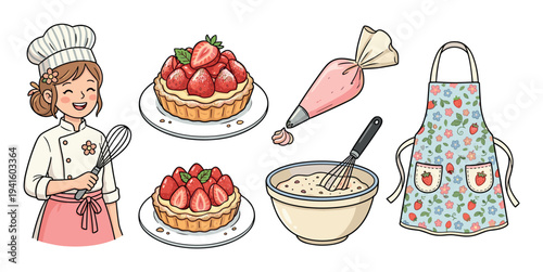 Collection of cute baking illustrations featuring a happy female pastry chef, strawberry tarts, a piping bag with frosting, a mixing bowl with whisk, and a floral apron