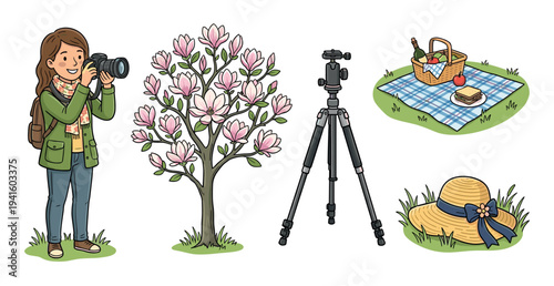 Set of hand-drawn cartoon illustrations depicting a spring picnic theme with a female photographer, blooming magnolia tree, tripod, basket, and straw hat