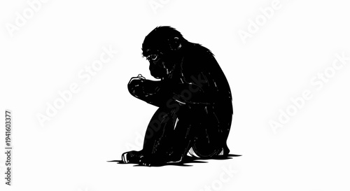 A black, sketchy illustration of a gorilla sitting in profile, looking down