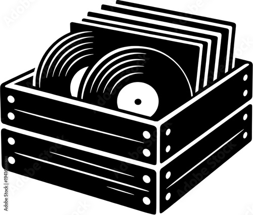 Wooden Crate of Vinyl Records Retro Music Collection Black Silhouette