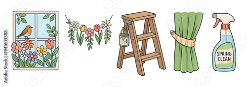 Charming collection of hand-drawn spring icons featuring a window with a robin, a flower garland, a stepladder with paint, a curtain, and a cleaning spray bottle