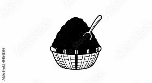 A black snow cone with a spoon in a basket
